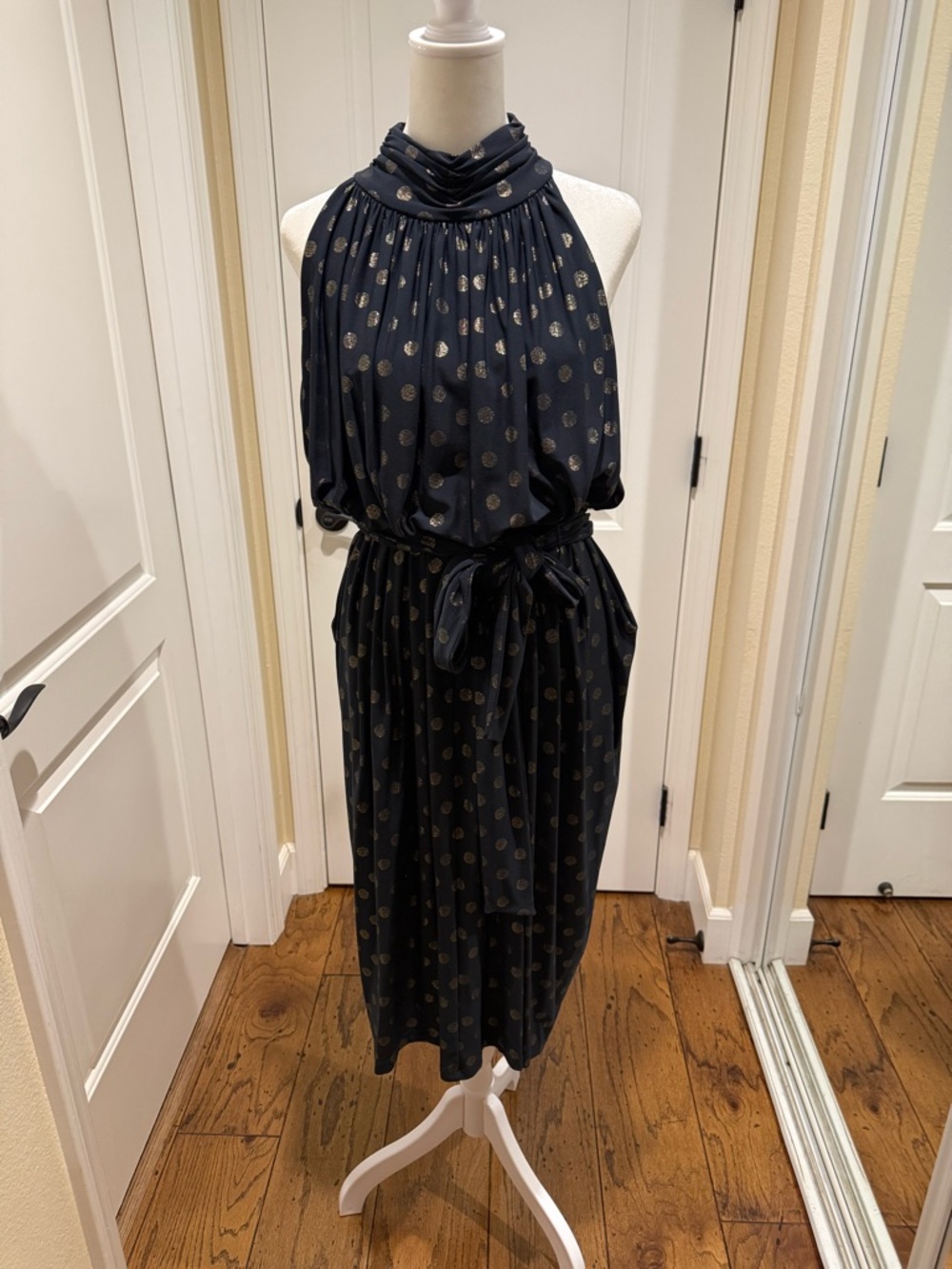 Tommy Hilfiger Sleeveless Navy Halter Midi Dress with Gold Dot Print